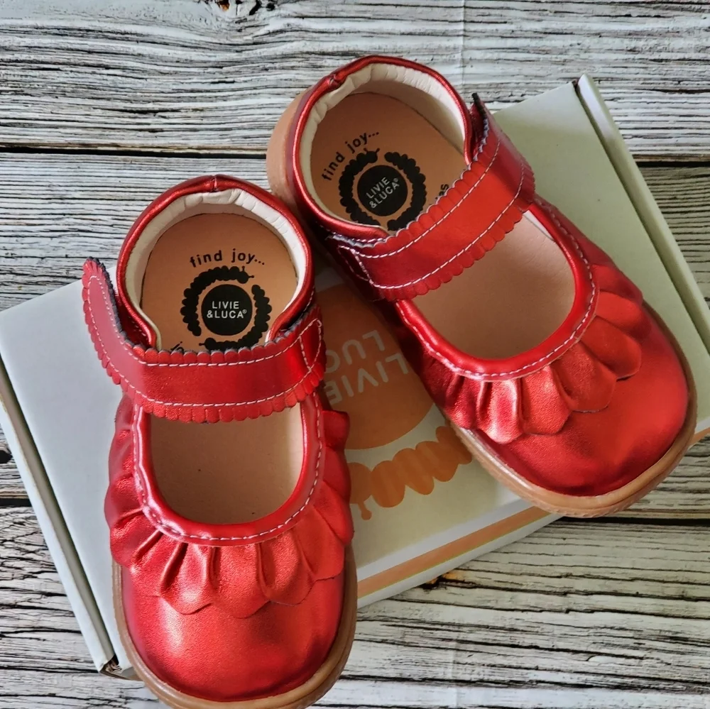 Livie and Luca Metallic Red Ruche Mary Jane Shoes New Without Box